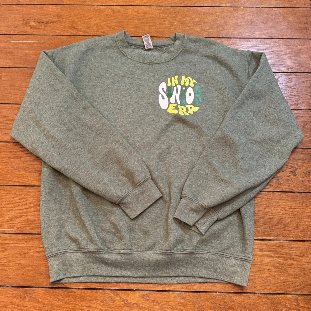 In My Senior Era Graphic Crewneck Sweatshirt Olive Green Gildan Fleece Medium